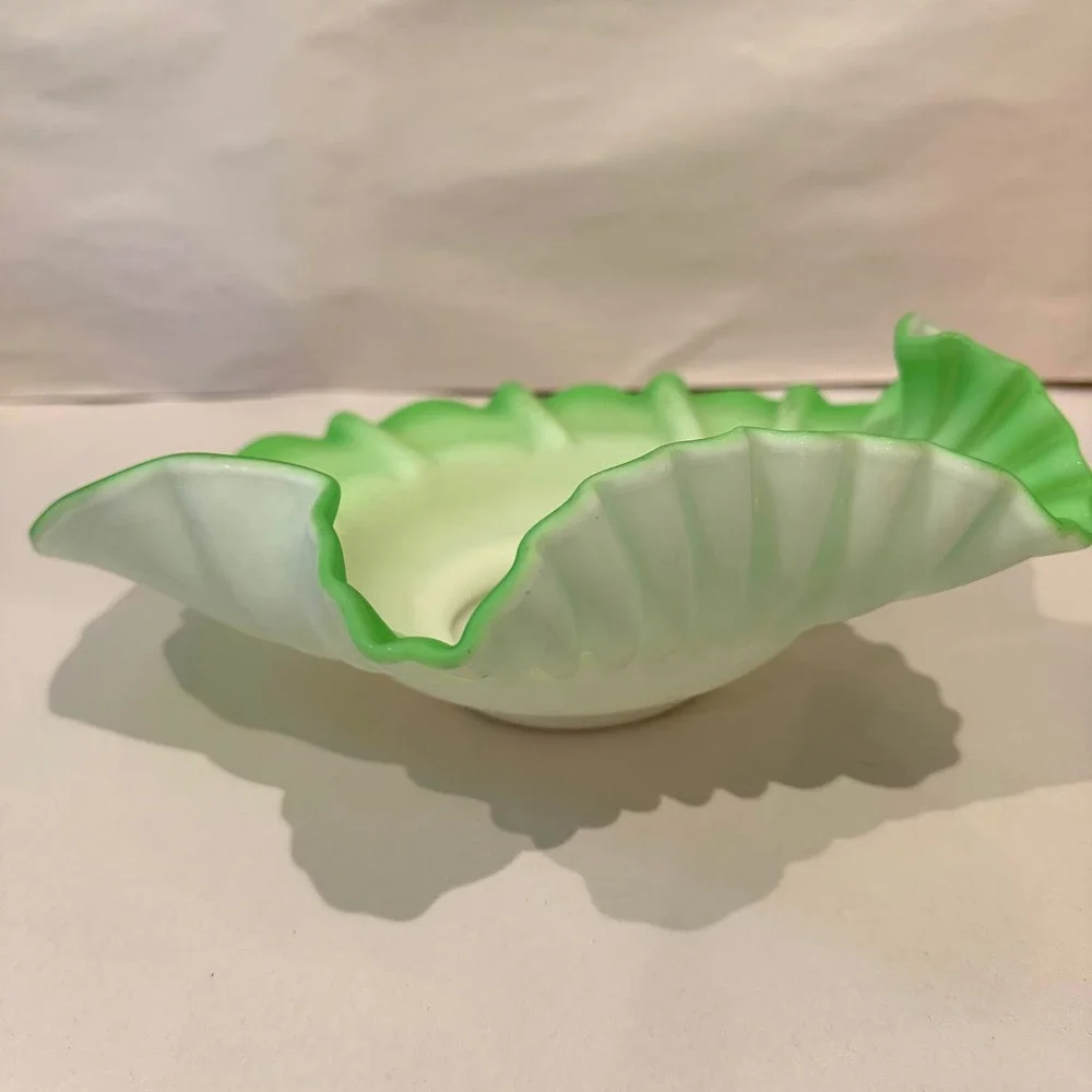 Fenton Green Satin Cased Over White Ruffled Shell Large Bowl Centerpiece 40s-50s